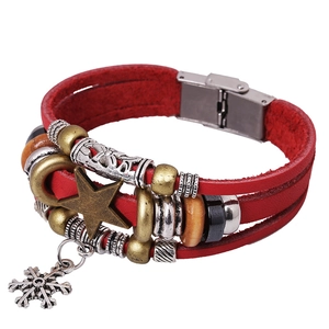 Vintage Punk Multi-layer Braided Cowhide Leather Bracelet Men Women Handmade Star Snowflake Charm Beaded Fashion Jewelry