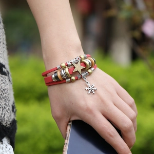 Retro multi-layer red leather bracelet with bronze star and silver snowflake charms