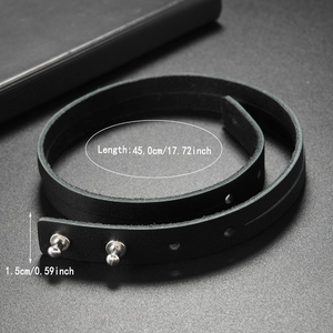 Minimalist double-wrap black leather bracelet with metal studs and length dimensions
