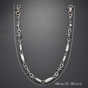 Detail of 66cm silver punk pants chain featuring thorn links and bullet pendant