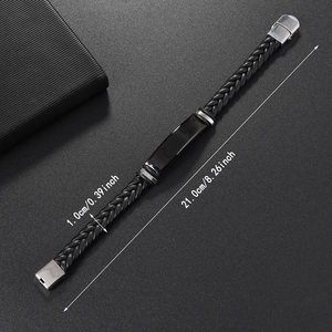 Men's black woven leather bracelet with polished black metal plate and silver buckle