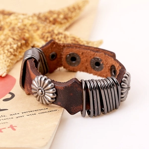 Vintage punk wide leather bracelet with sunflower rivets and metal wire wrap details