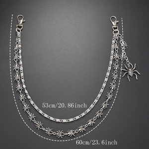 Detail of gothic multilayer spider pant chain with 53cm and 60cm silver metal links