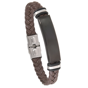 Men's brown braided leather bracelet with black polished stainless steel plate accent