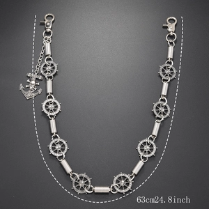 Detail of 63cm punk style silver nautical trousers chain with anchor and helm charms