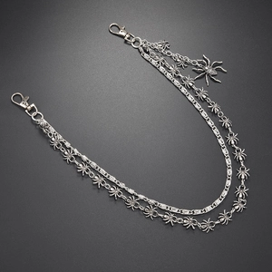 Gothic silver double-layered metal pants chain with spider charms and lobster clasps