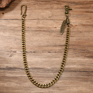 Vintage bronze wallet chain with feather pendant and heavy metal links for jeans