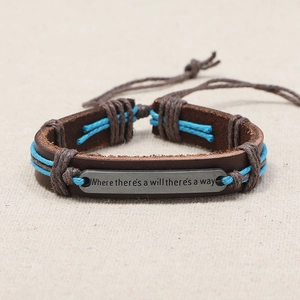 Vintage brown leather woven bracelet with metal plate engraved with motivational quotes