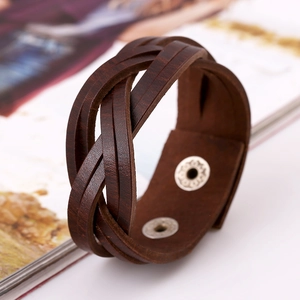 Vintage hand-woven dark brown leather bracelet with silver snap buttons closure for men