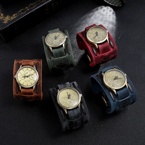 Vintage punk men's wide leather strap watches in five retro colors and bronze alloy cases