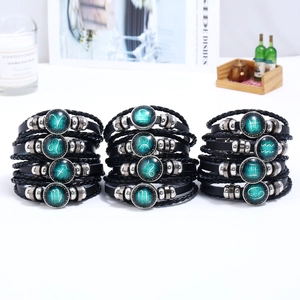Set of 12 zodiac constellation handmade braided leather bracelets with glass gems