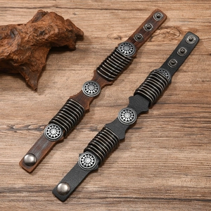 Retro punk style adjustable leather bracelets with sun pattern metal plates and rings