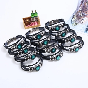 Handmade woven leather zodiac bracelets with 12 constellation luminous glass gems