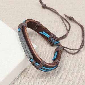 Handmade vintage brown leather bracelet with blue woven rope and engraved metal plate
