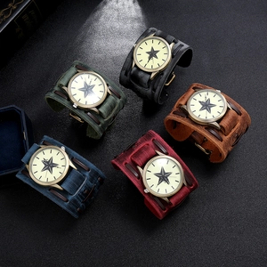 Vintage punk men's wide leather wrist watch available in five retro colors with star dial