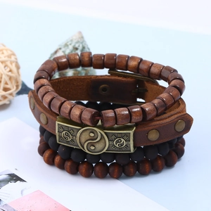 Retro multi-layer leather bracelet set with bronze Tai Chi bagua charm and wooden beads