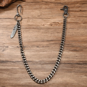 Vintage punk rock heavy chain wallet belt with feather pendant in dark gunmetal finish
