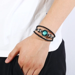Handmade multilayer leather bracelet with Leo zodiac glass gem and silver beads