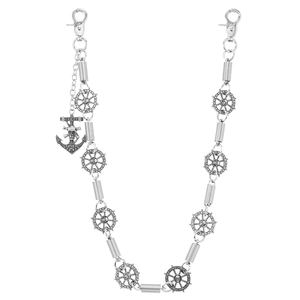 Punk anchor and rudder wallet chain with skull details for men in vintage silver