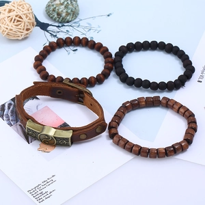 Retro multi-layer leather bracelet set with bronze yin yang charm and wooden beads
