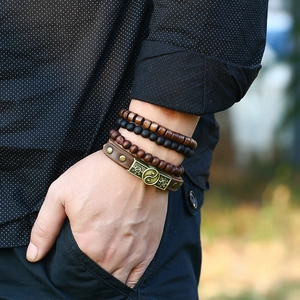 Men's retro multilayer leather bracelet set with wooden beads and Tai Chi metal charm