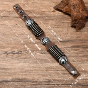 Adjustable brown leather punk bracelet with vintage sunflower metal discs and snap buttons