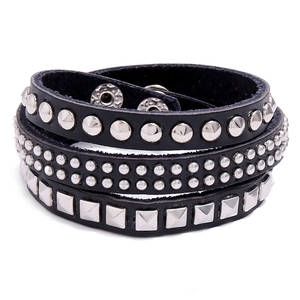 Punk black leather multi-layer wrap bracelet with silver studs for men's rock biker style