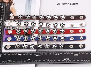 Detailed view of leather cross rivet bracelets in five colors with dimensions 21.7x1.2cm