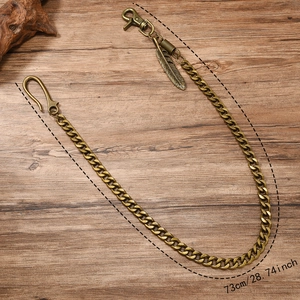 73cm vintage bronze punk wallet chain with metal feather charm for trousers and jeans