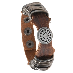Punk brown leather bracelet with metal sunflower ornament and adjustable snaps