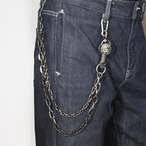 Retro double-layer chunky metal pants chain with lion head pendant on denim jeans
