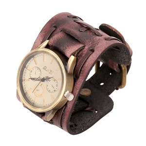 Men Vintage Wide Cowhide Leather Bracelet Watch Punk Rock Braided Strap Bronze Alloy Case Quartz Wristwatch Jewelry Accessory