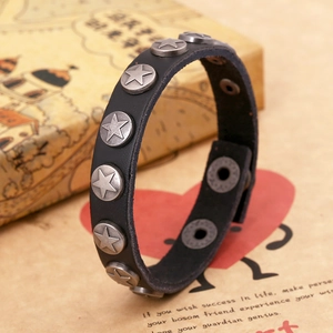 Punk black leather bracelet with star metal studs and snap buttons for men and women