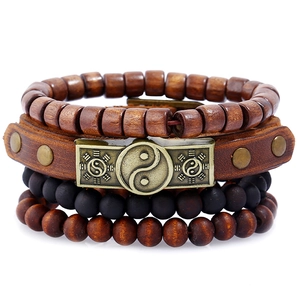 Vintage Cowhide Leather Wood Beads Bracelet Men Women Alloy Yin Yang Bagua Charm Braided Hemp Rope Ethnic Punk Adjustable Jewelry