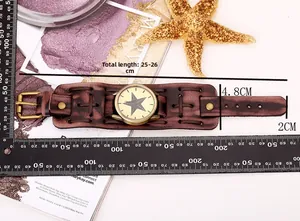 Macro shot showing detailed dimensions of the vintage brown leather punk strap watch