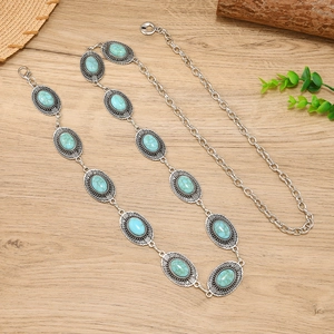 Bohemian style antique silver waist chain belt featuring oval turquoise stone accents