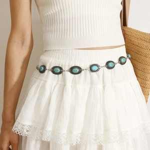 Bohemian Vintage Oval Artificial Turquoise Metal Chain Belt For Women Ethnic Adjustable Waist Chain Fashion Accessories