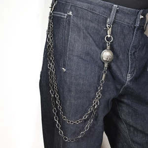 Retro multilayer metal pants chain with tree engraved coin and lobster clasps on denim