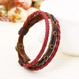 Retro double-layer braided leather bracelet with bronze metal studs in wine red and brown