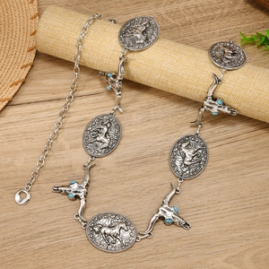 Western style metal waist chain with bull head pendants and turquoise horse medallions
