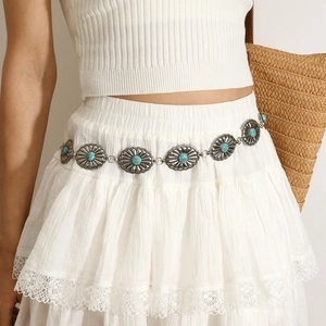 Vintage Bohemian Metal Waist Chain Belt With Turquoise Flower Carved Links Adjustable Fashion Decorative Belt For Women