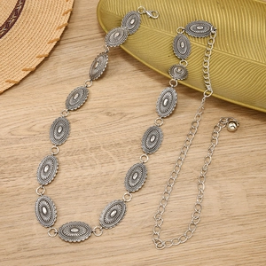 Ethnic style vintage silver metal waist chain with oval embossed pendants for dresses