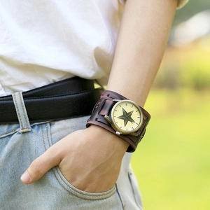 Vintage punk wide leather cuff watch with brown wristband and star pattern dial