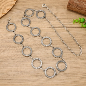 Retro silver metal waist chain with engraved hollow circles and adjustable lobster clasp