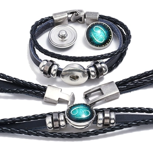 Vintage Twelve Constellation Zodiac Sign Bracelet Hand Woven Cowhide Leather Glass Gem Charm Multilayer Punk Bracelet Unisex Jewelry