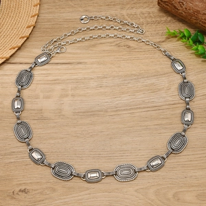 Vintage silver layered chain belt for dresses featuring embossed oval and rectangle links