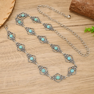 Chaîne de taille bohème vintage avec pierres turquoise et motif floral ajouré