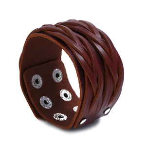 Bracciale da Uomo Punk Rétro in Vera Pelle di Vacchetta Intrecciata Largo a Più Strati con Fibbia in Metallo Regolabile