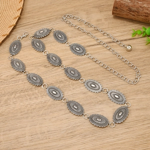Bohemian vintage silver metal waist chain with engraved oval plates for dresses