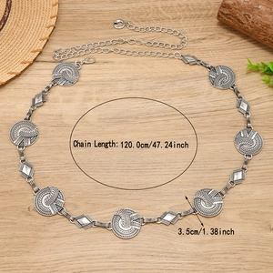 Bohemian silver metal chain belt with engraved spiral discs and measurements 120cm
